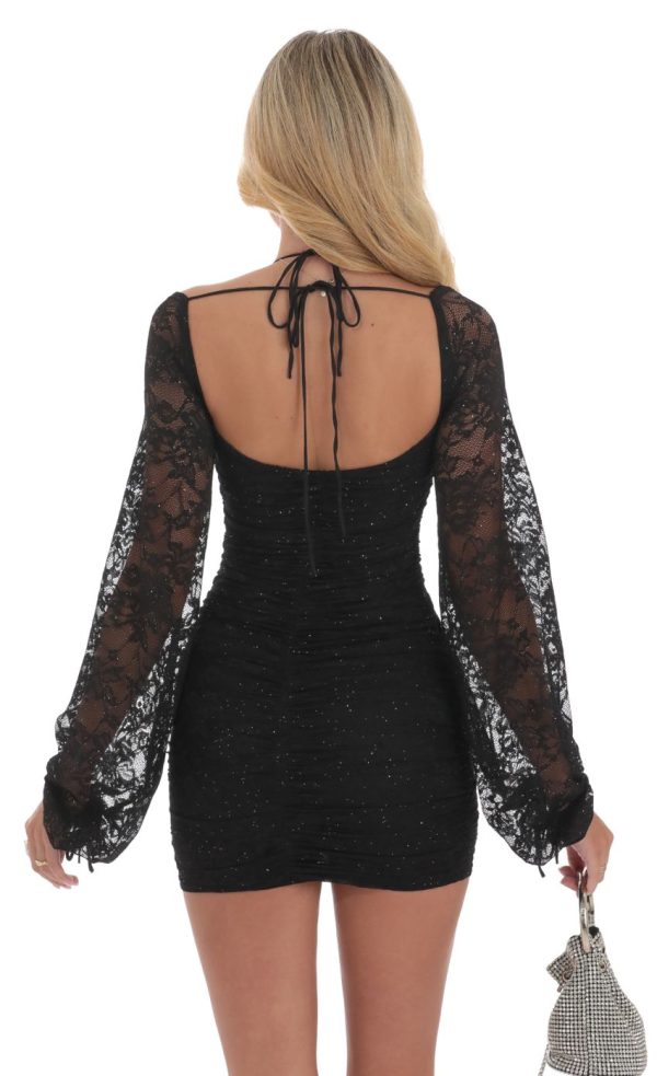 Shimmer Lace Ruched Long Sleeve Dress in Black - Image 2
