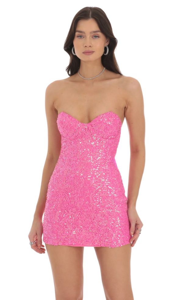 Sequin Strapless Bodycon Dress in Hot Pink - Image 2