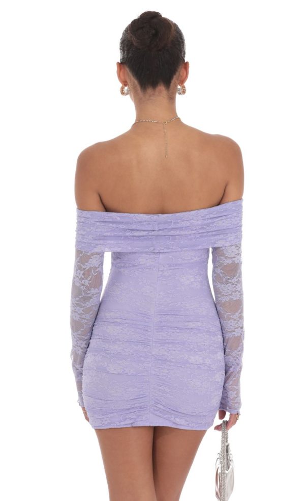 Off Shoulder Long Sleeve Lace Dress in Lavender - Image 2