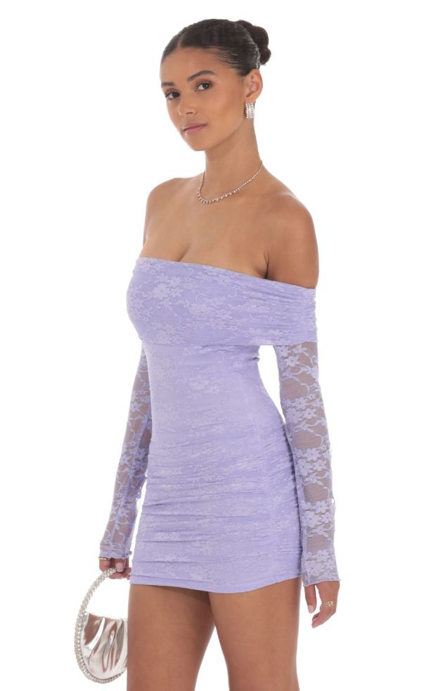 Off Shoulder Long Sleeve Lace Dress in Lavender - Image 3