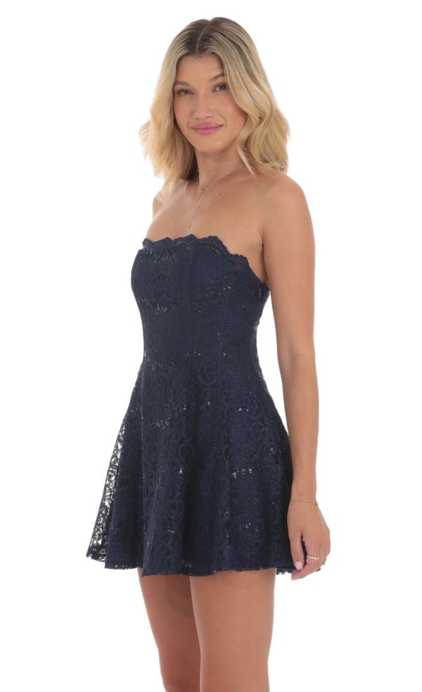 Lace Glitter Sequin Strapless Dress in Navy - Image 3