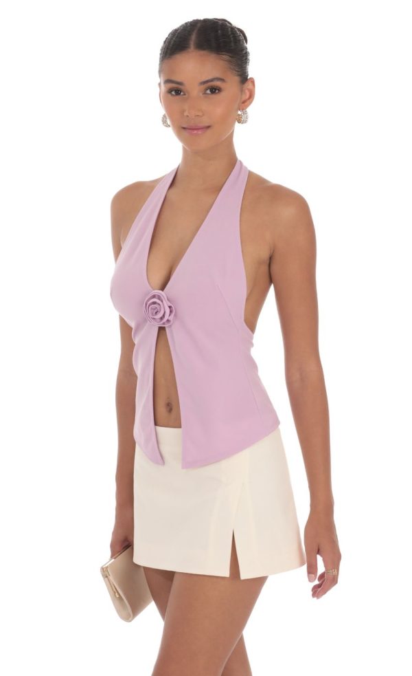 Flower Plunge Neck Top in Lilac - Image 3
