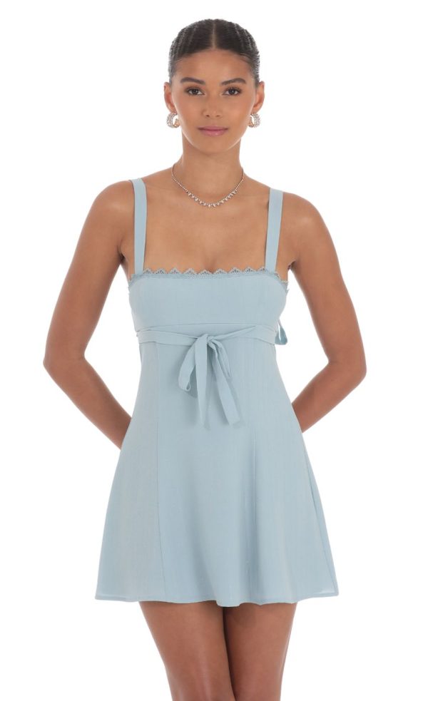Shimmer Ribbon Embroidered Trim Dress in Blue