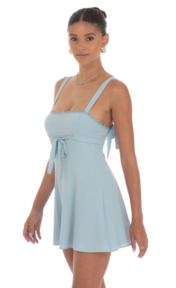 Shimmer Ribbon Embroidered Trim Dress in Blue - Image 3