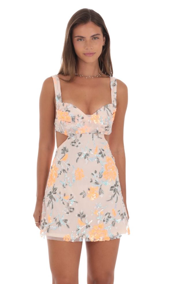 Sequin Cutout Dress in Peach