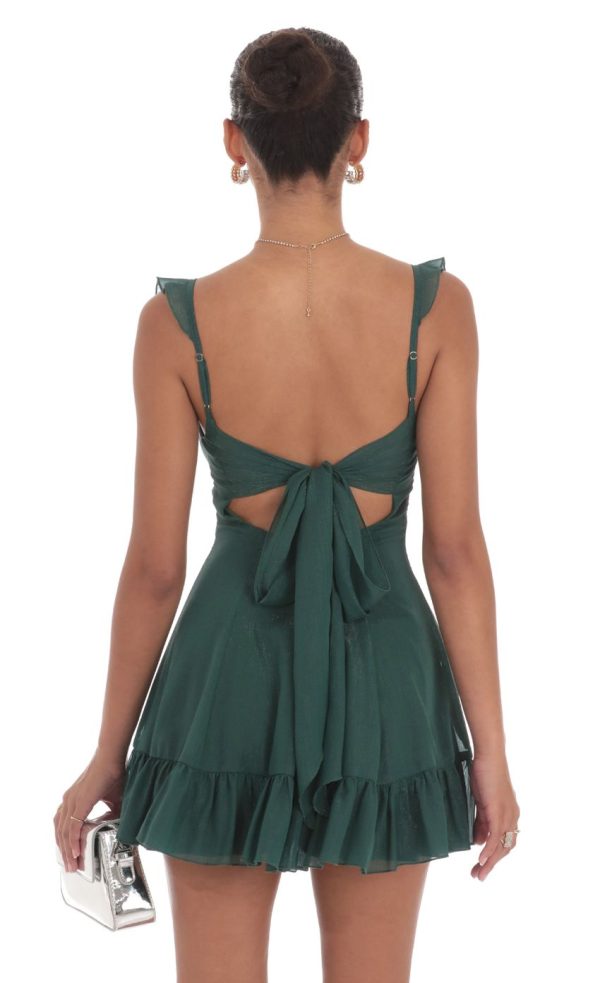 Shimmer Chiffon Ruffle Strap Dress in Green - Image 2