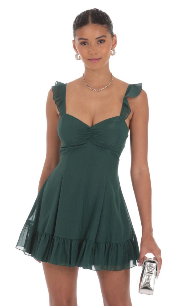Shimmer Chiffon Ruffle Strap Dress in Green - Image 4