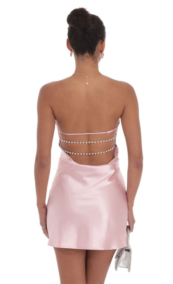 Satin Pearl Open Back Dress in Pink - Image 2