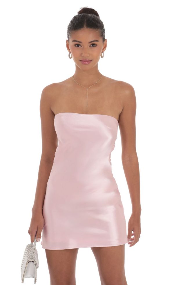 Satin Pearl Open Back Dress in Pink - Image 3