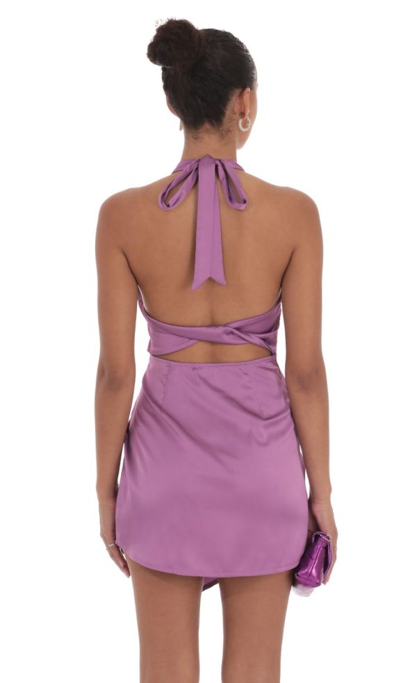 Satin Halter High Neck Dress in Purple - Image 2