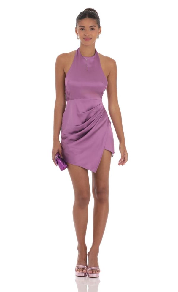 Satin Halter High Neck Dress in Purple - Image 4