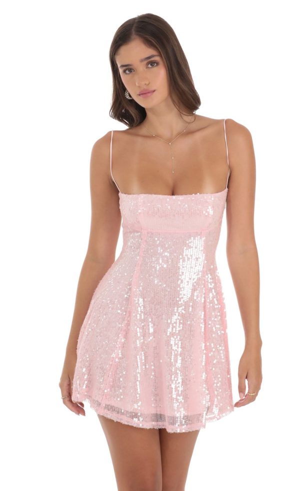 Iridescent Sequin Fit and Flare Dress in Pink - Image 3