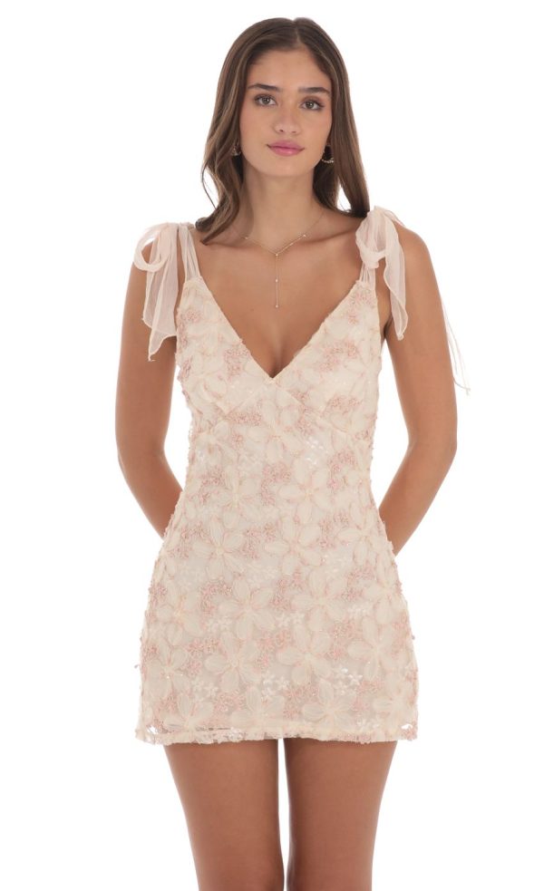 Textured Shimmer Floral Dress in Cream