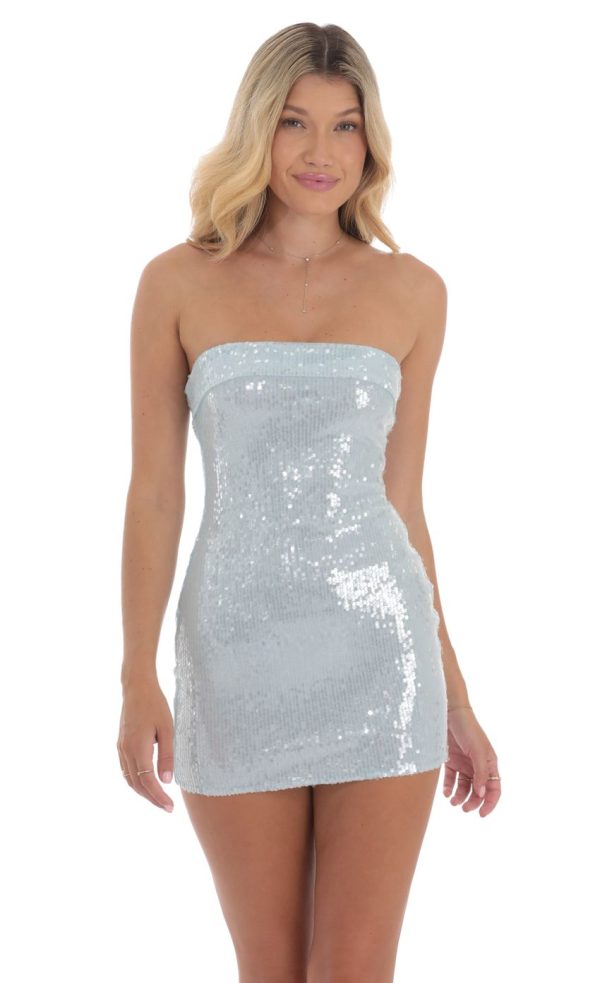 Strapless Sequin Bodycon Dress in Light Blue - Image 4