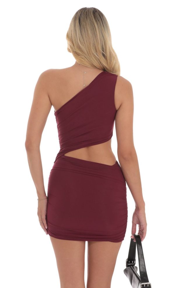 Mesh One Shoulder Cutout Dress in Maroon - Image 2