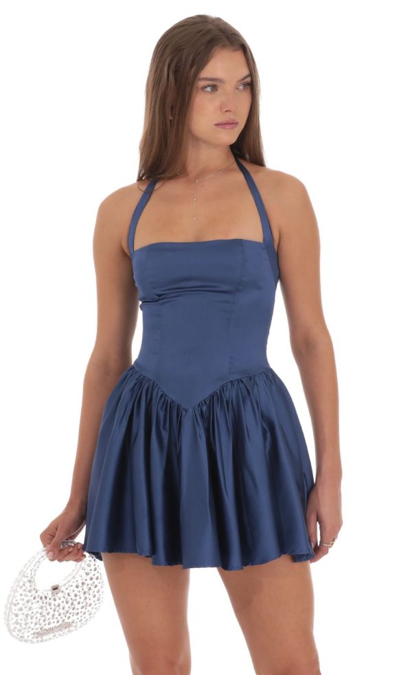 Satin Halter A-line Dress in Slate Blue