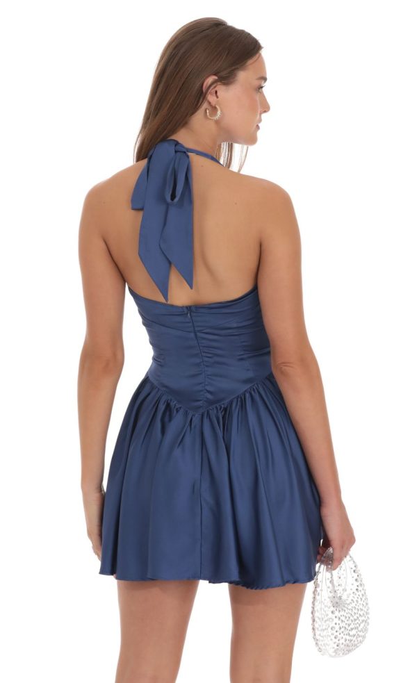 Satin Halter A-line Dress in Slate Blue - Image 2