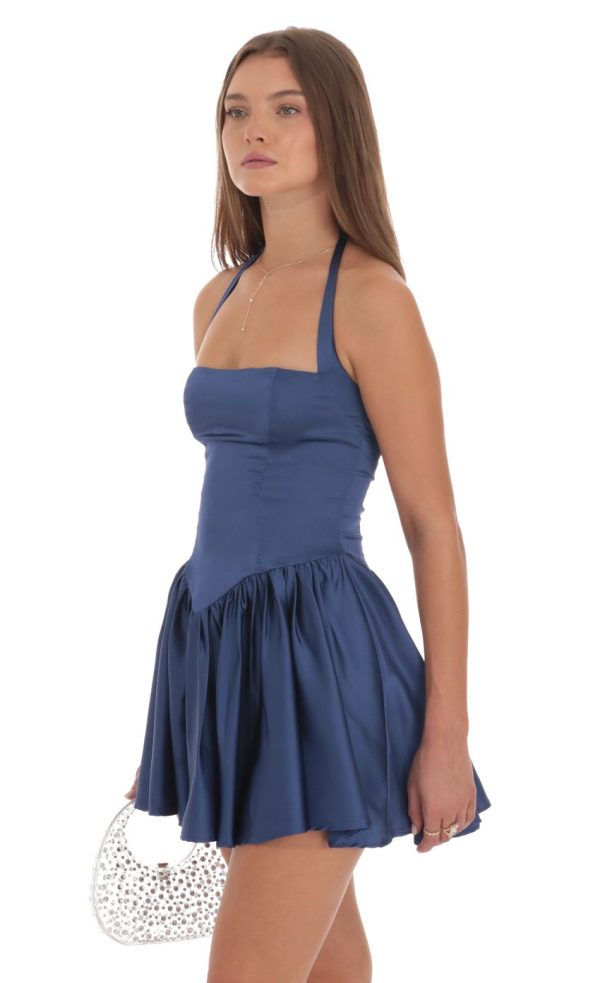 Satin Halter A-line Dress in Slate Blue - Image 3