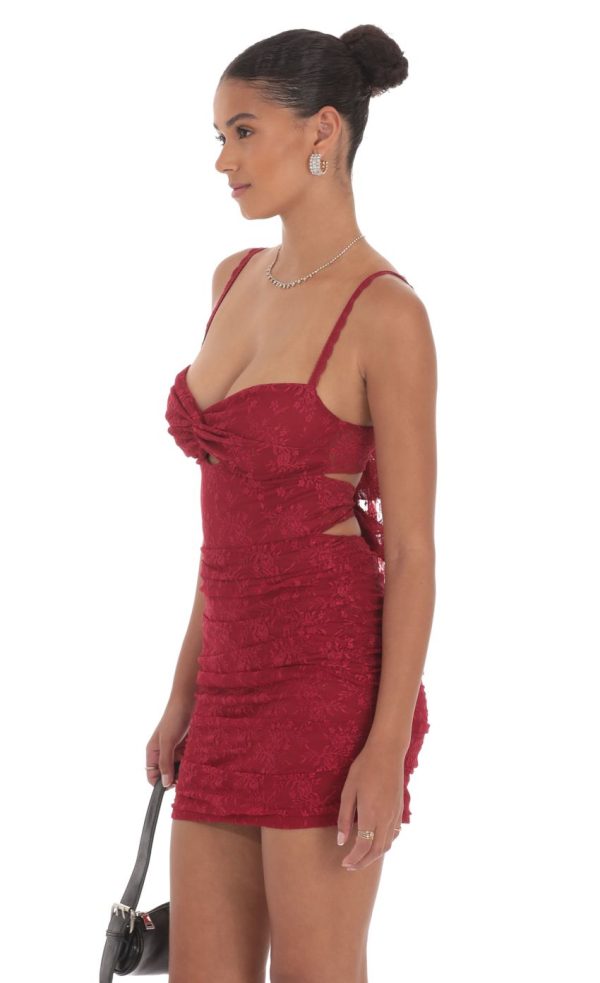 Lace Cutout Bodycon Dress in Maroon - Image 3