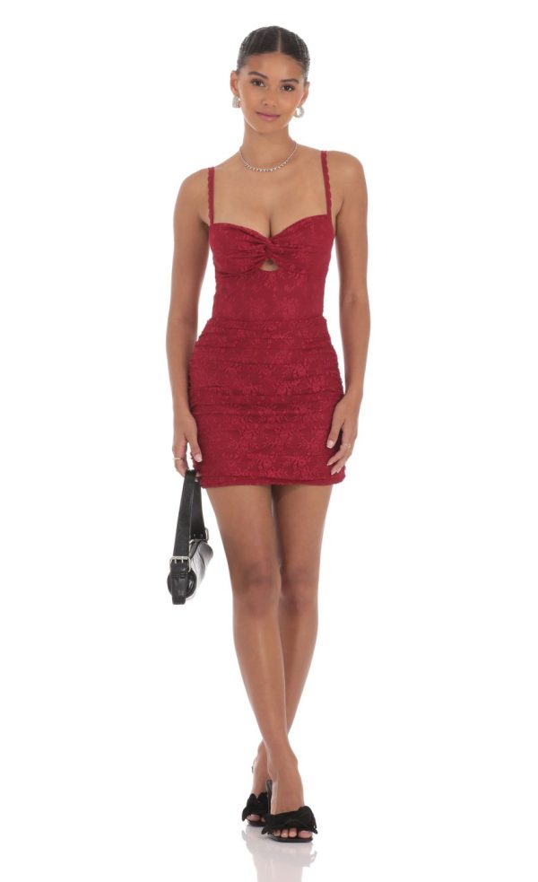 Lace Cutout Bodycon Dress in Maroon - Image 4