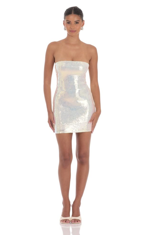Iridescent Seqiun Strapless Bodycon Dress in Cream - Image 4