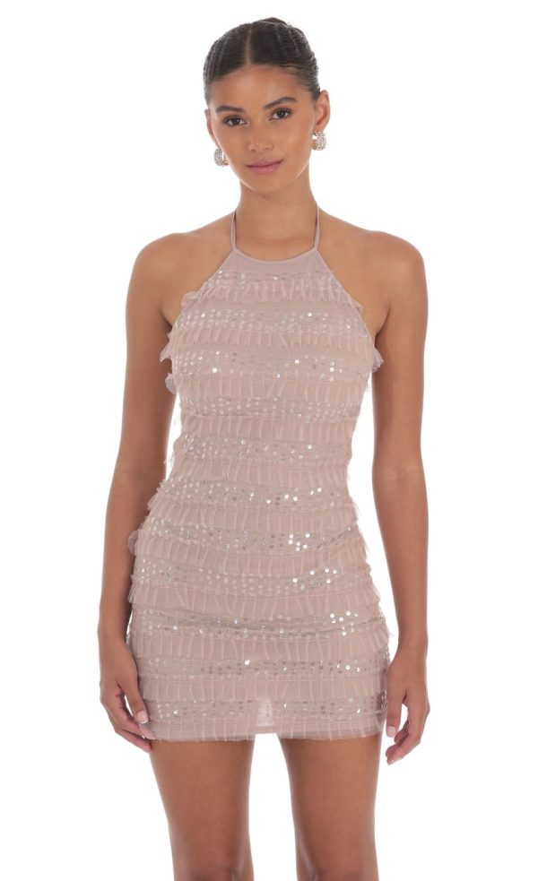 Sequin Ruffle Halter Bodycon Dress in Mauve - Image 2