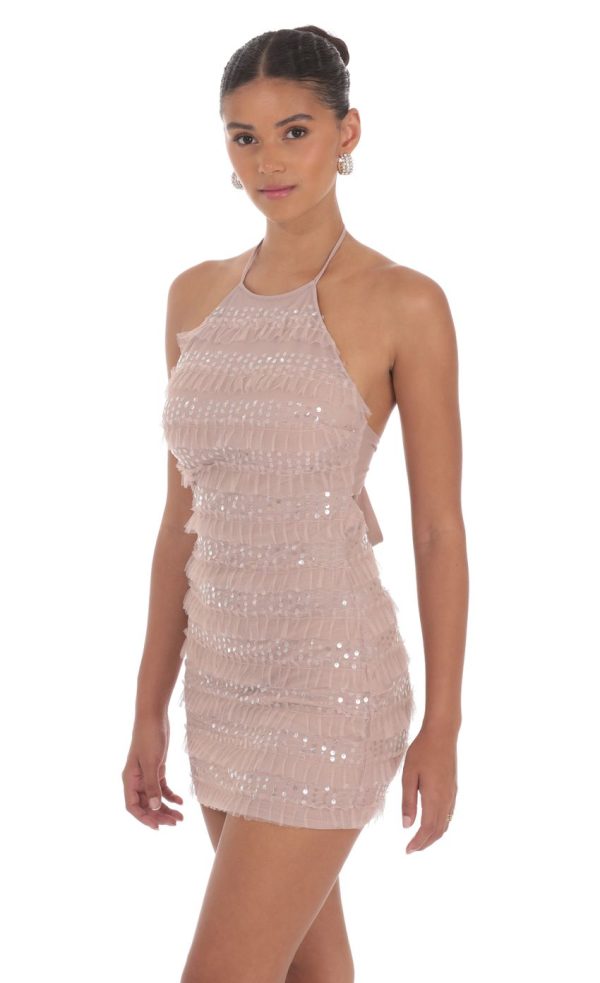 Sequin Ruffle Halter Bodycon Dress in Mauve - Image 3