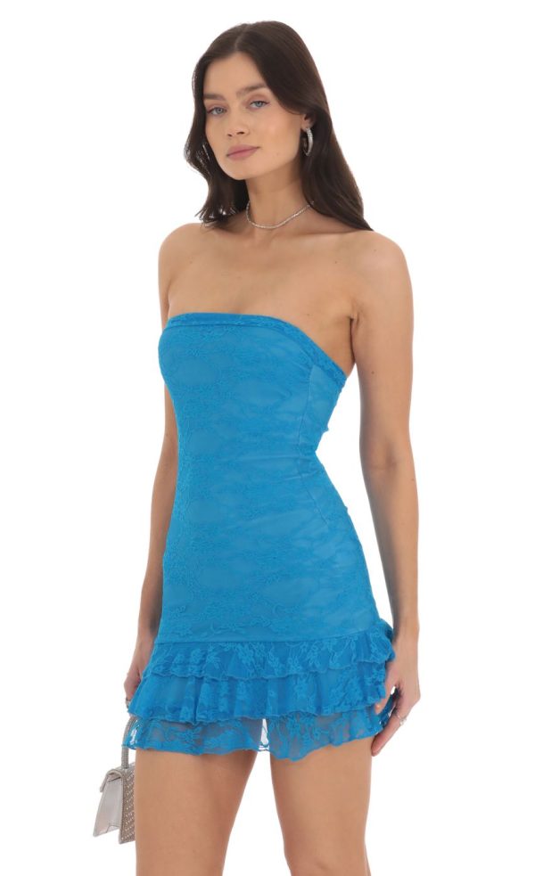 Lace Strapless Bodycon Dress in Blue - Image 3