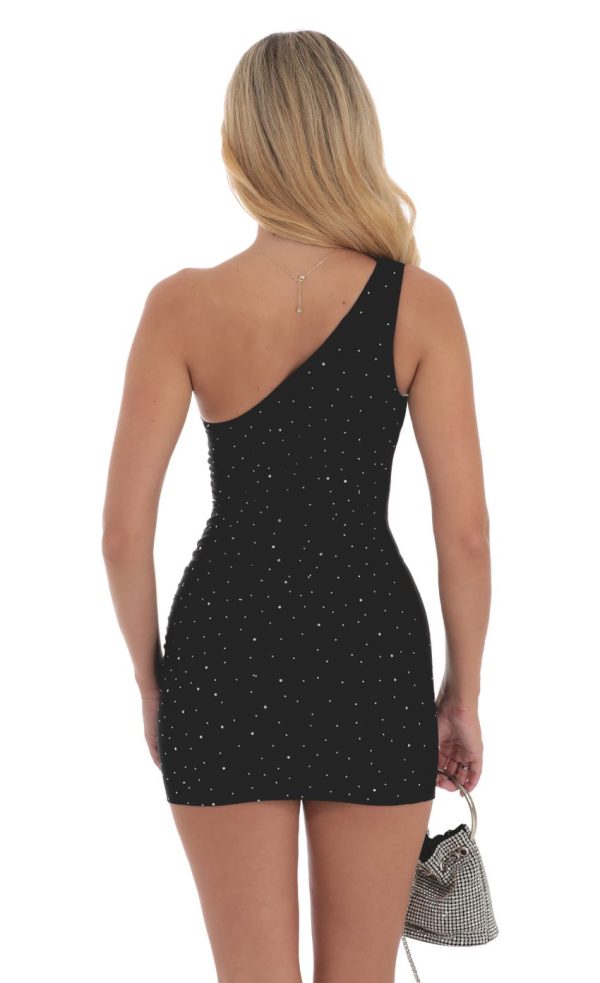 Rhinestone One Shoulder Dress in Black - Image 2