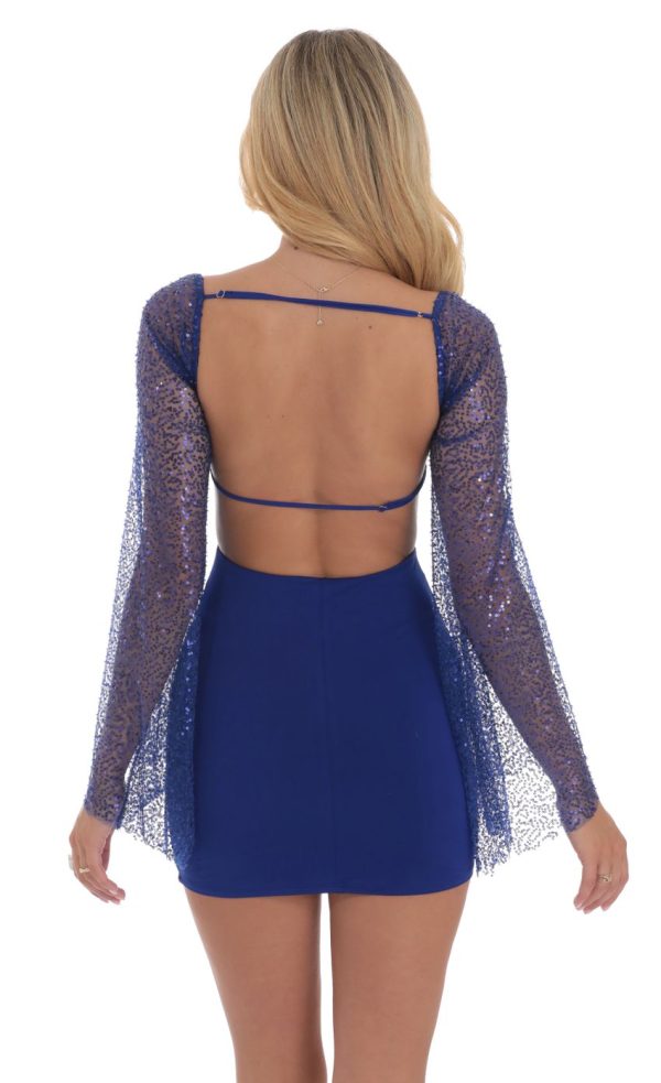 Sequin Flare Sleeve Dress in Blue - Image 2