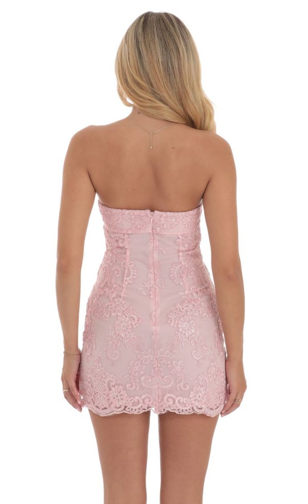 Embroidered Floral Strapless Dress in Pink - Image 2