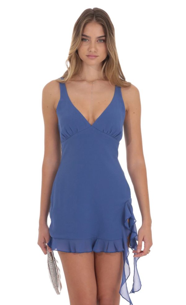 Chiffon Tassel Slit Dress in Blue - Image 4