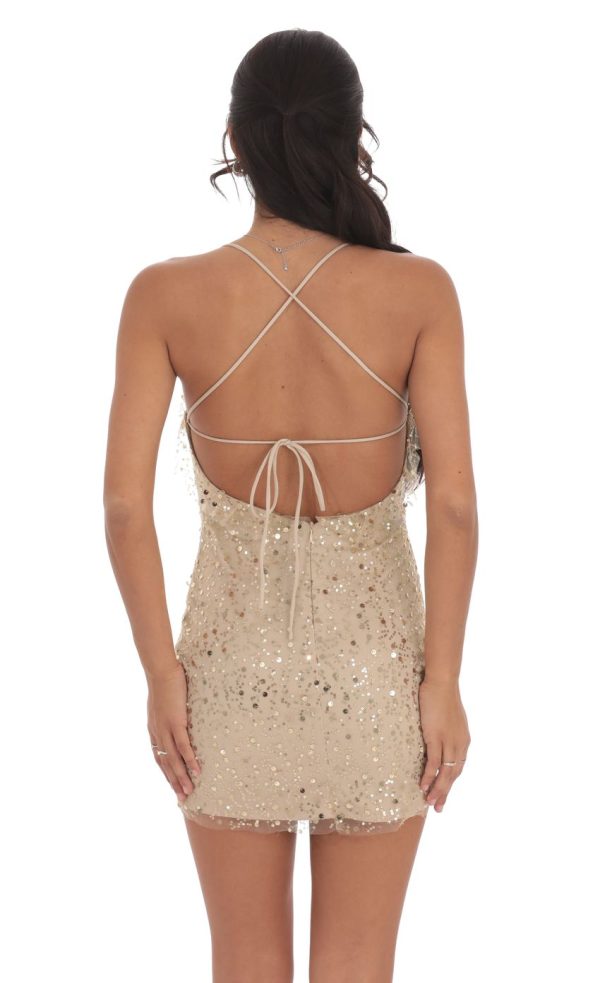 Sequin Ruffle Mini Dress in Gold - Image 2