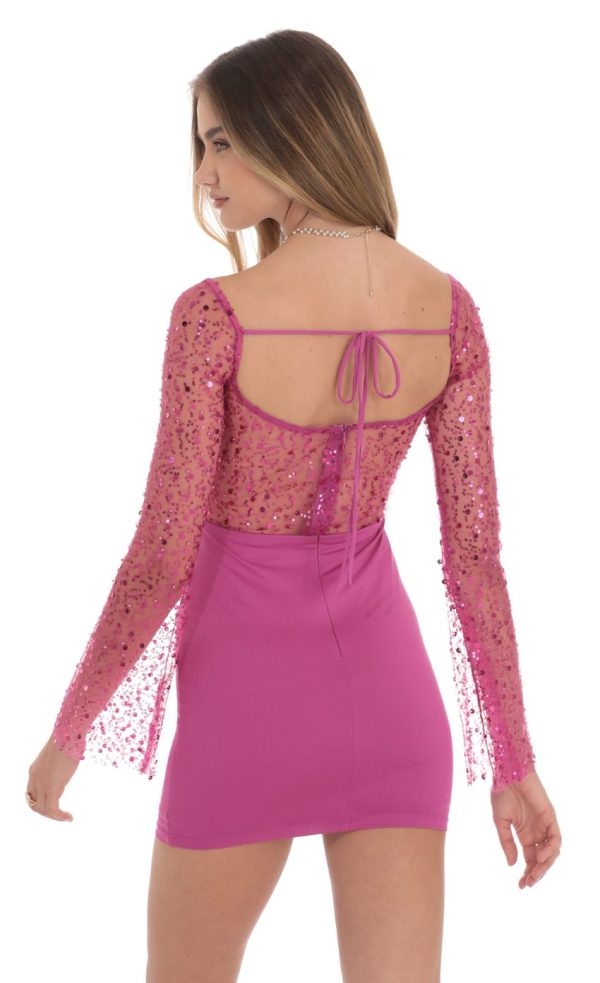 Sequin Long Sleeve Dress in Magenta - Image 2