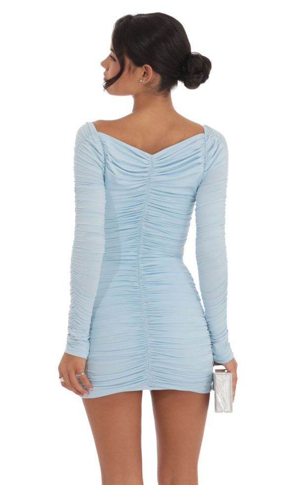 Ruched Long Sleeve Bodycon Dress in Light Blue - Image 2