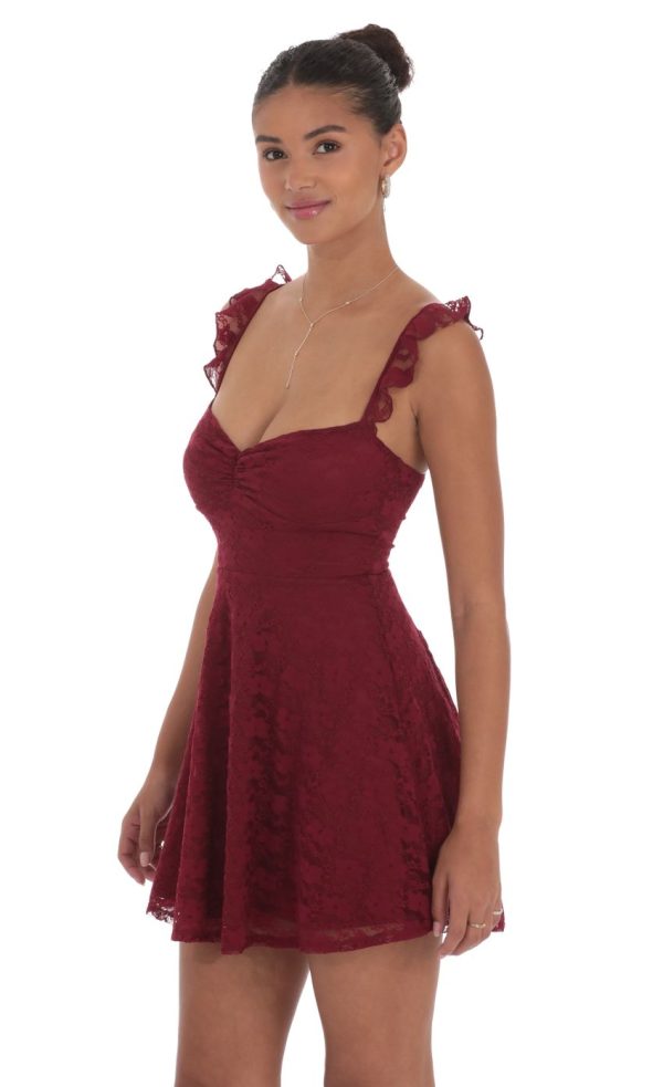 Lace Ruffle Strap A-Line Dress in Burgundy - Image 3