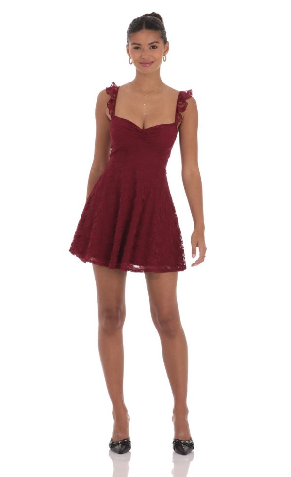 Lace Ruffle Strap A-Line Dress in Burgundy - Image 4
