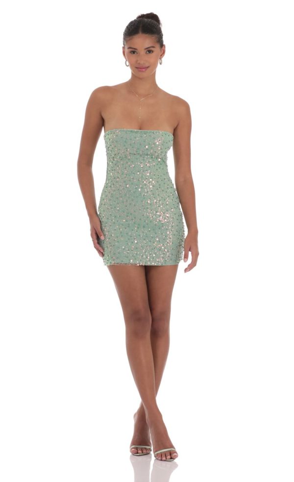 Strapless Sequin Beaded Dress in Sage Green - Image 4