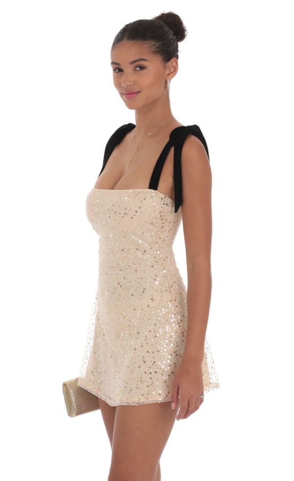 Sequin Velvet Strap Dress in Beige - Image 2