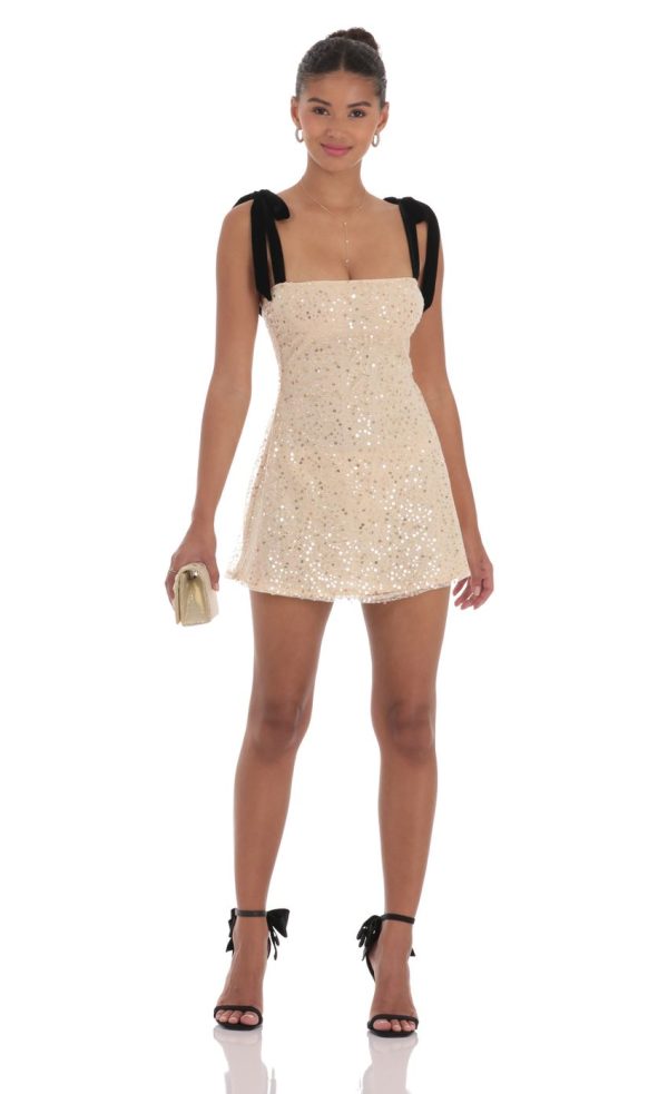 Sequin Velvet Strap Dress in Beige - Image 3