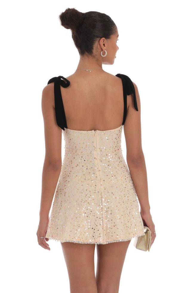 Sequin Velvet Strap Dress in Beige - Image 4