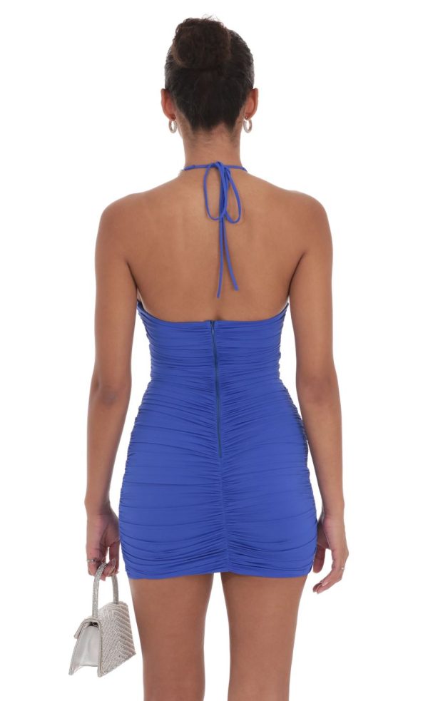 Pearl Halter Bodycon Dress in Blue - Image 2