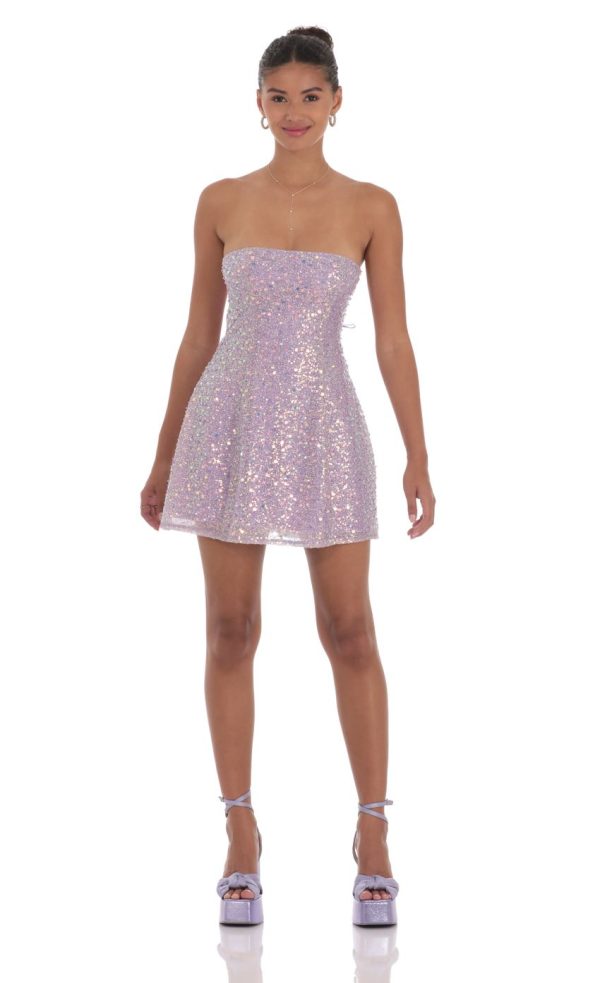 Sequin Glitter Strapless Fit and Flare Dress in Lilac - Image 2
