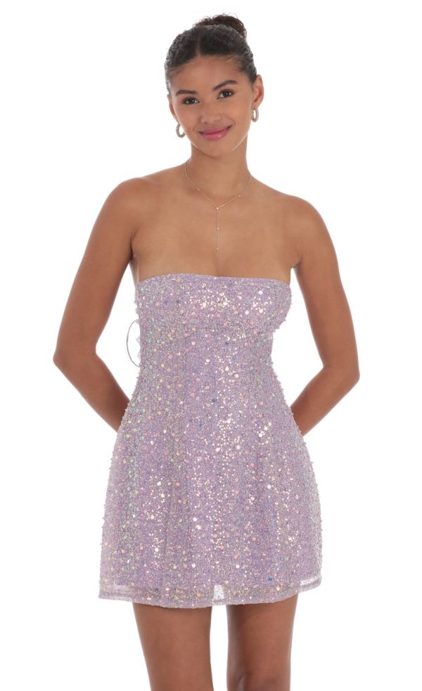 Sequin Glitter Strapless Fit and Flare Dress in Lilac - Image 4