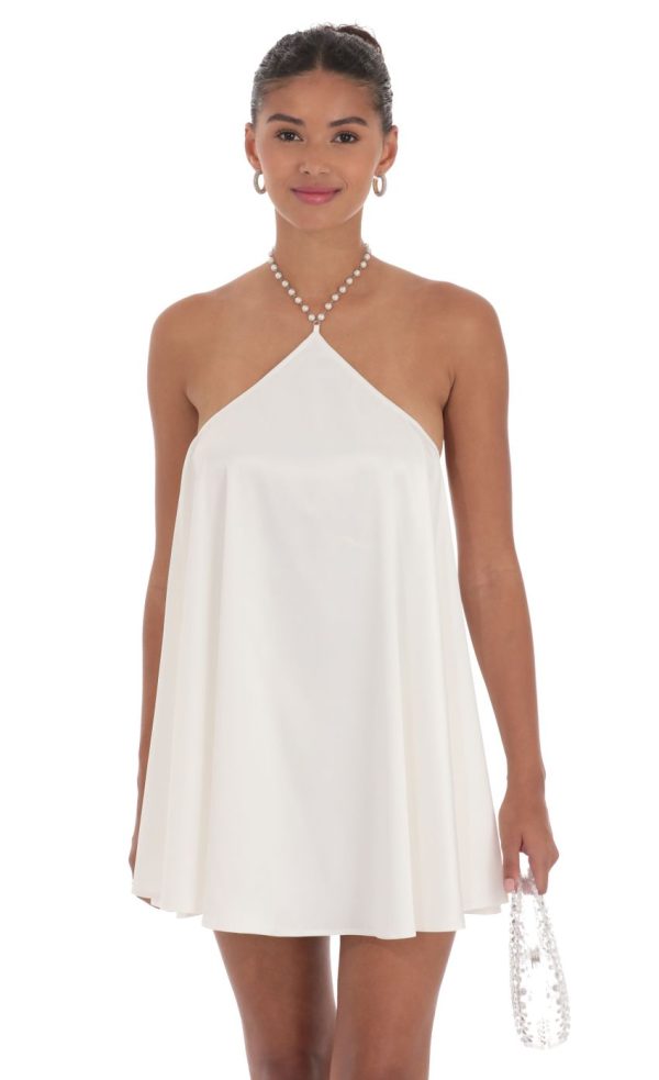 Pearl Halter Shift Dress in White - Image 4