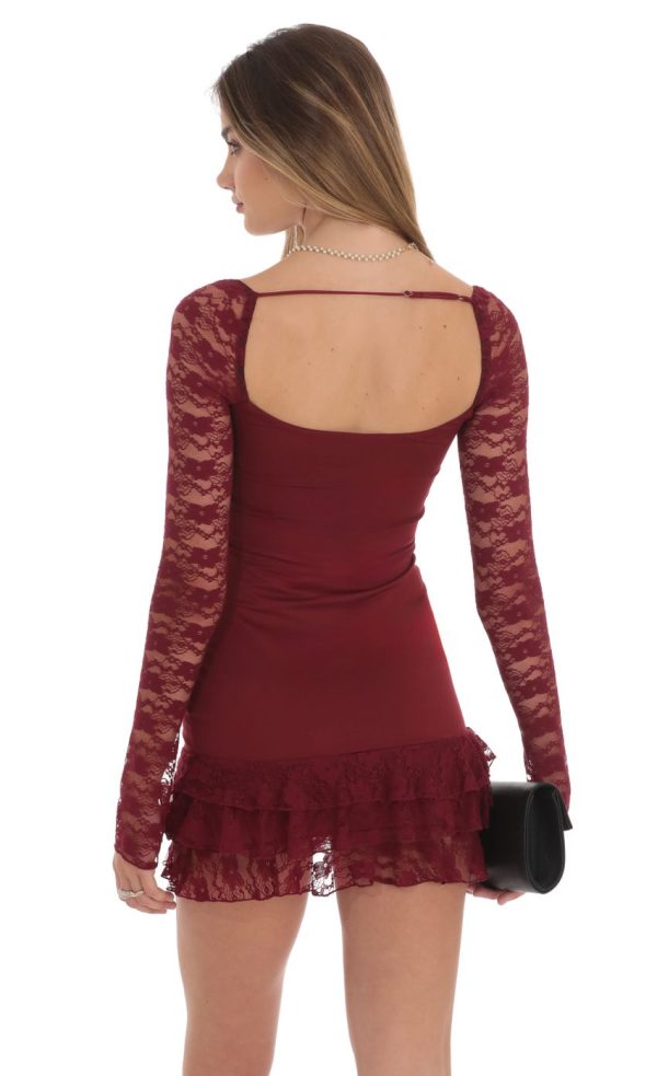 Lace Ruffle Bodycon Dress in Maroon - Image 2