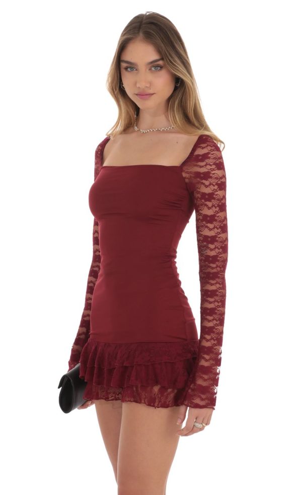 Lace Ruffle Bodycon Dress in Maroon - Image 3