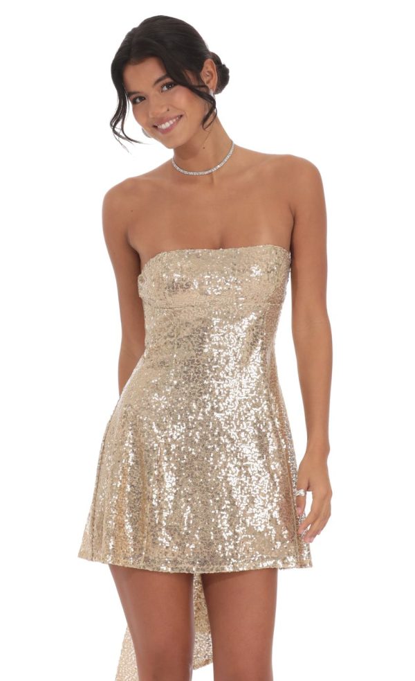 Sequin Attachable Bow Dress in Gold - Image 2