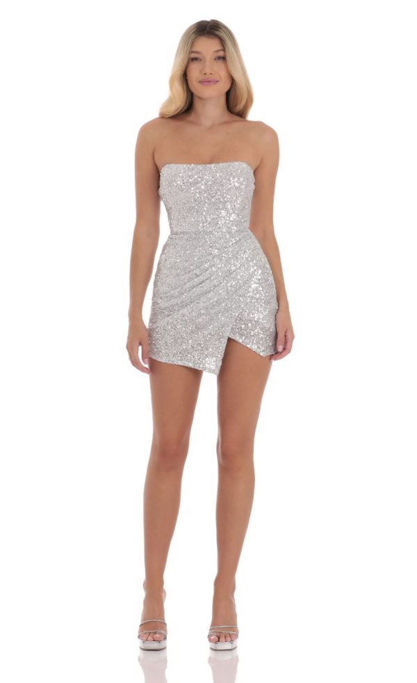 Strapless Knit Sequin Dress in Silver - Image 4