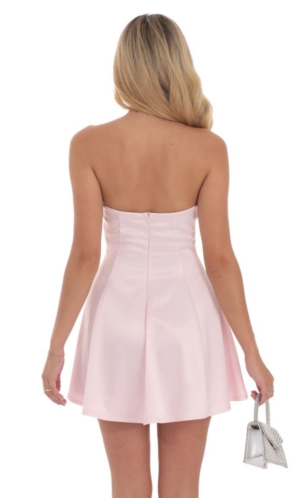 Strapless Satin Fit and Flare Dress in Pink - Image 2